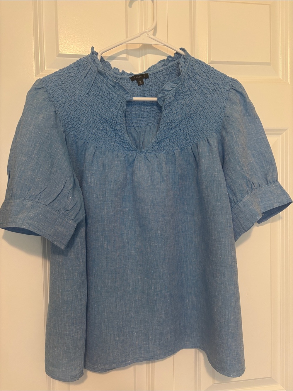 Talbots Light Blue Smocked Yoke Linen Top